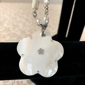 Mother Of Pearl Flower & Butterfly Necklace & Faux Pearls on Silver Tone Chain